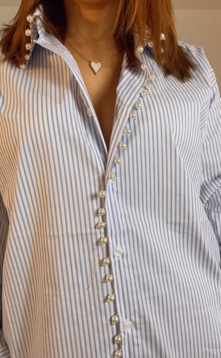 Blue Lines & Pearls Top